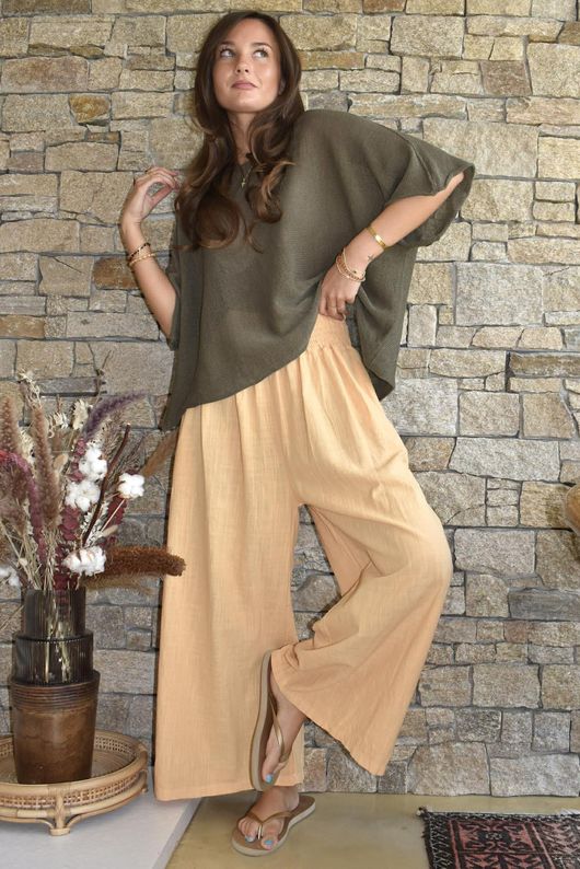 Frame Cotton Shirring Waist Wide Leg Pant Tuscan Sun